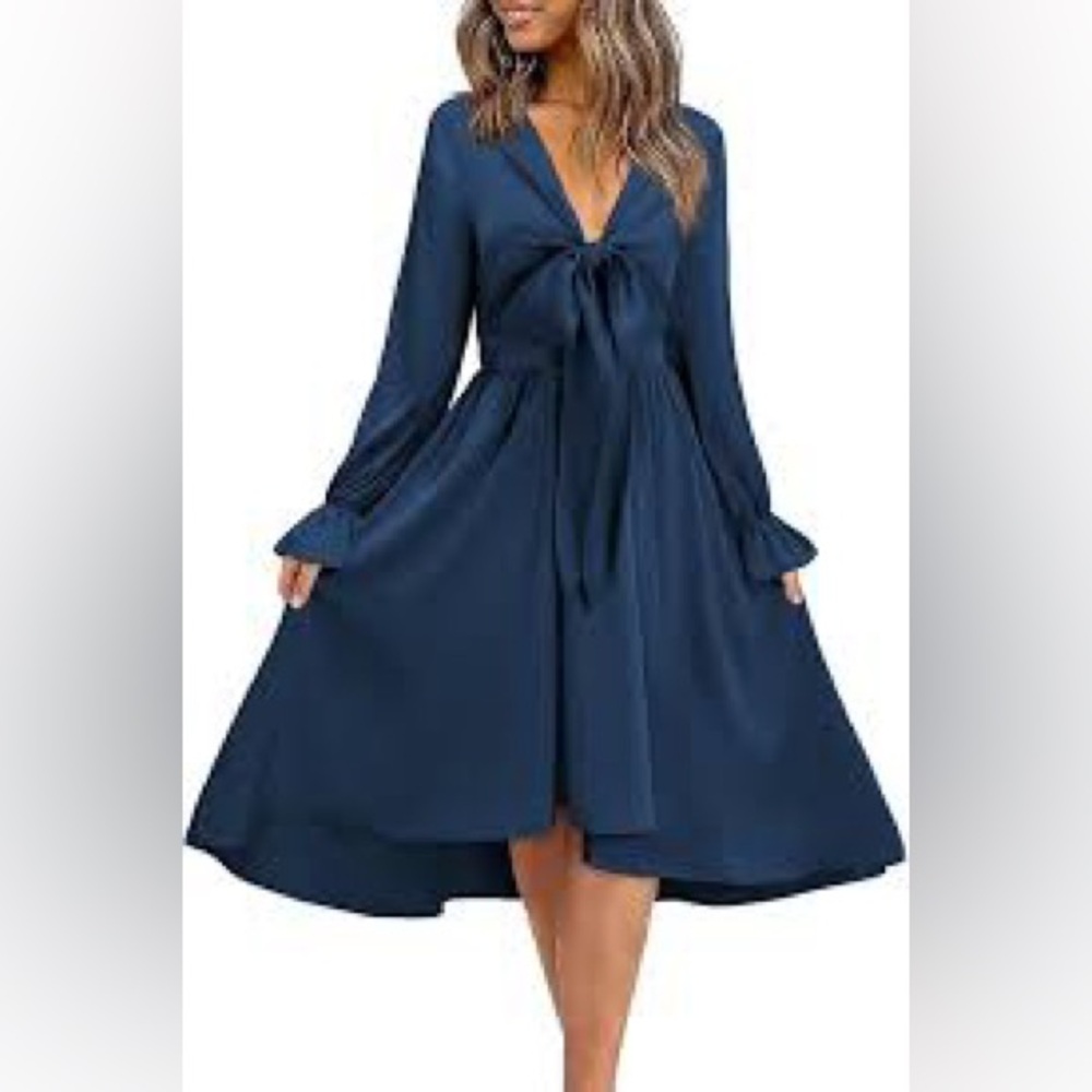 Chic Long Sleeve Silky Navy Dress